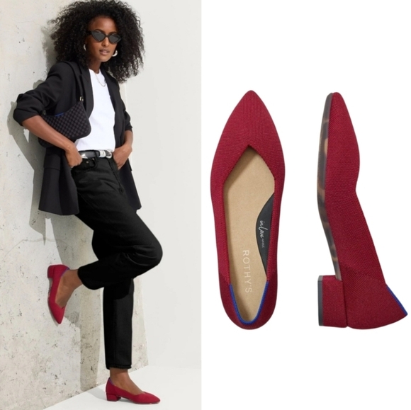 Rothy's High Point Block Heel Point Women's Red Pointed Toe Knit Ballet Flats - Picture 1 of 14